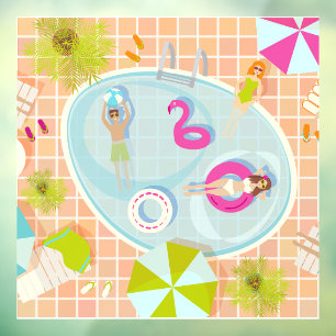 Bikini girls and guys playing swimming pool game window cling