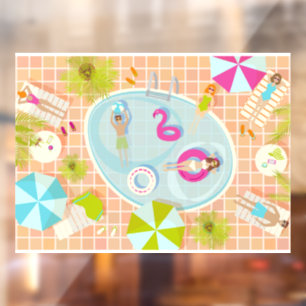 Bikini girls and guys playing swimming pool game window cling