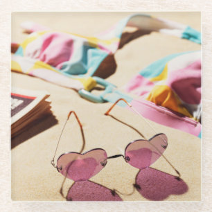 Bikini Top And Heart Shape Sunglasses On Beach Glass Coaster