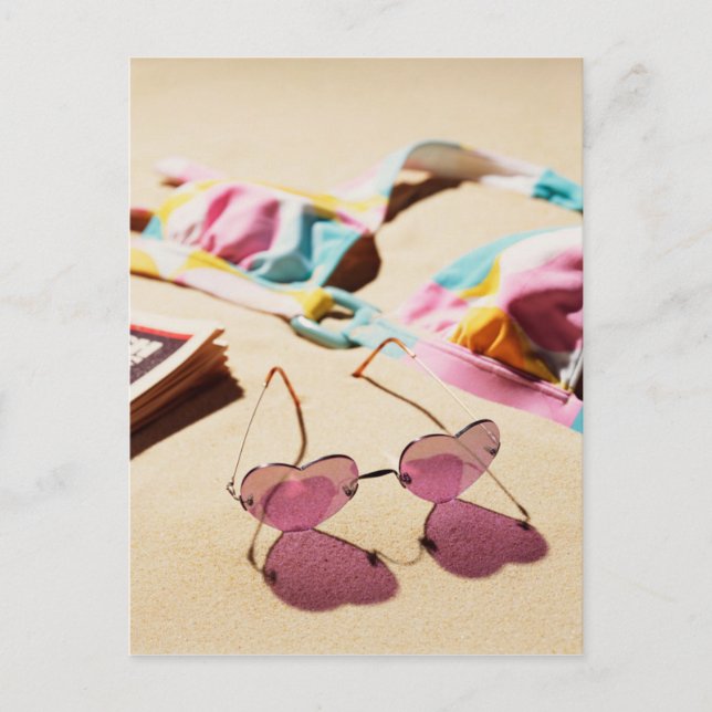 Bikini Top And Heart Shape Sunglasses On Beach Postcard (Front)