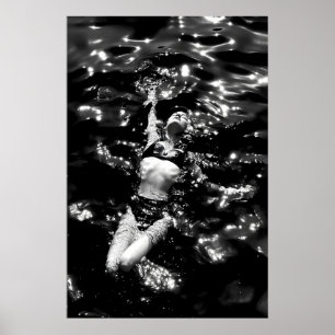 Bikini Woman Swimming Pool Print, Vintage Black Poster