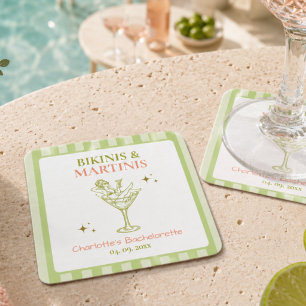 Bikinis and Martinis Bachelorette Party Beach Bach Square Paper Coaster
