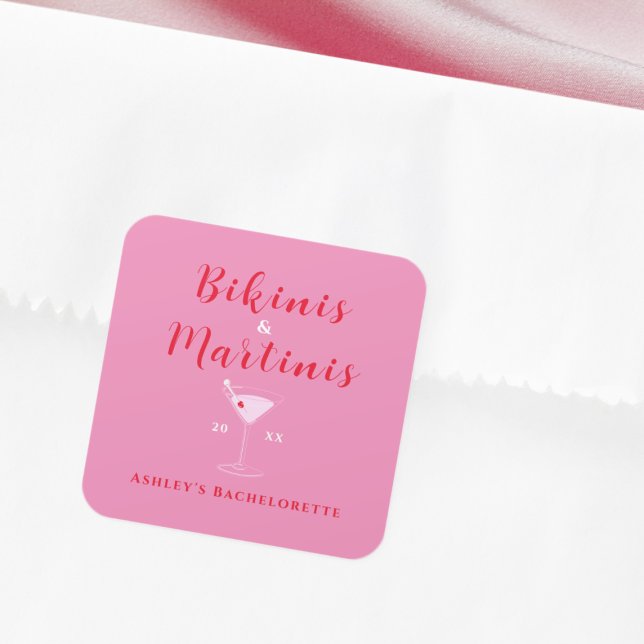 Bikinis And Martinis Pink & Red Bachelorette Party Square Sticker (Bikinis And Martinis Pink & Red Bachelorette Party Square Sticker)