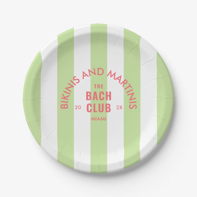 Bikinis And Martinis The Bach Club Green Stripe Paper Plate (Front)