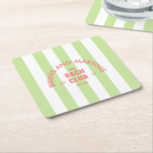 Bikinis And Martinis The Bach Club Green Stripe Square Paper Coaster