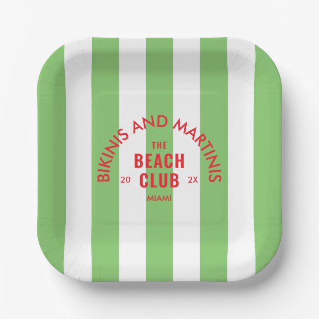 Bikinis And Martinis The Beach Club Green Stripe Paper Plate (Front)