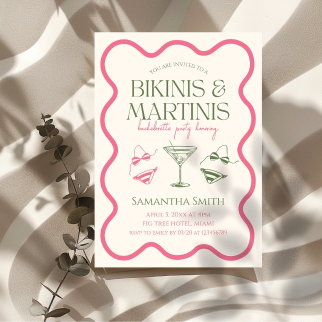 Bikinis & Martinis Bachelorette Party Hand Drawn Invitation (bikinis & martinis bachelorette party invitation pink and green wavy frame)