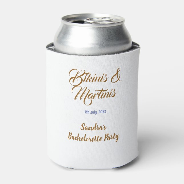 bikinis & martinis bachelorette party name brown  can cooler (Can Front)