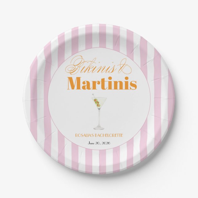 Bikinis & Martinis bachelorrette (Pink & Orange) Paper Plate (Front)