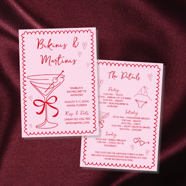 Bikinis & Martinis Hand Drawn Bachelorette Weekend Invitation (Bikinis & Martinis Hand Drawn Bachelorette Weekend Invitation Pink And Red Illustared Scribble)
