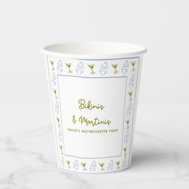 Bikinis & Martinis Olive Blue Bachelorette Party  Paper Cups (Front)