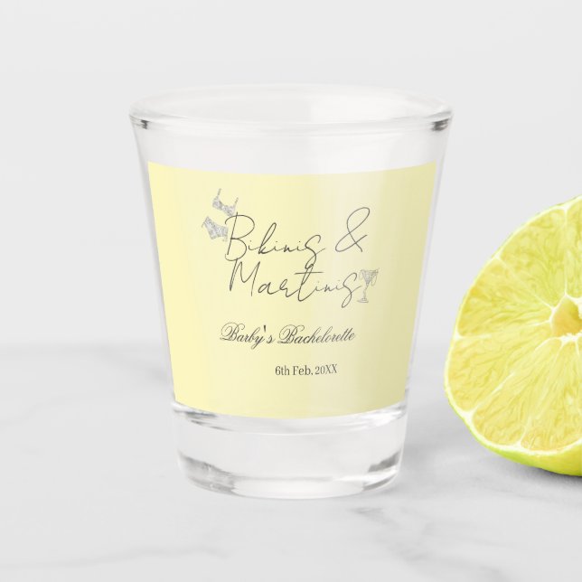 Bikins & Martinis bachelorette party yellow retro Shot Glass (Front)