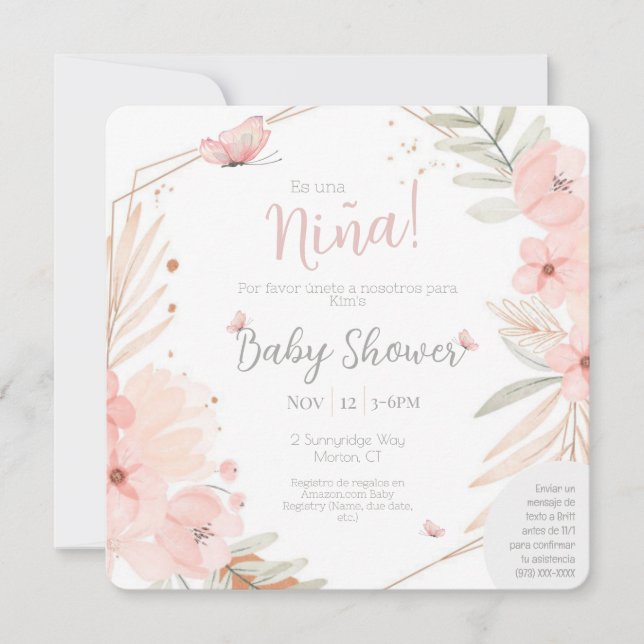 Bilingual (2-Sided) Baby Shower Girl Pink Invitation (Front)