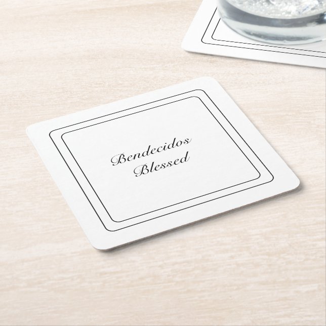 Bilingual Black & White Spanish Bendecido Blessed  Square Paper Coaster (Angled)