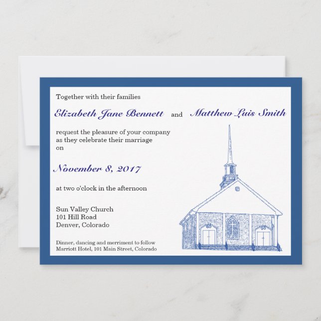 Bilingual Blue Chapel Wedding Invitation (Front)