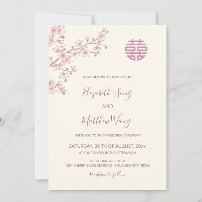 BILINGUAL  Blush Cherry Blossom Chinese Wedding Invitation (Front)