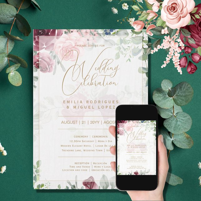 Bilingual Burgundy Floral Gold Wedding Boda Roses Invitation (Creator Uploaded)
