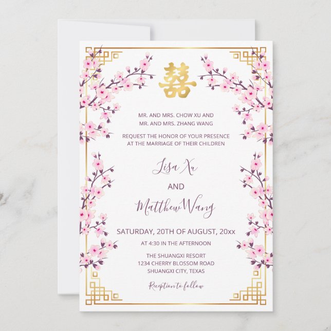  BILINGUAL Cherry Blossom Chinese Wedding Invitation (Front)