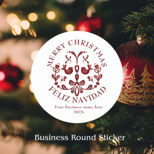 Bilingual Christmas Spanish Burgundy Birds Classic Round Sticker