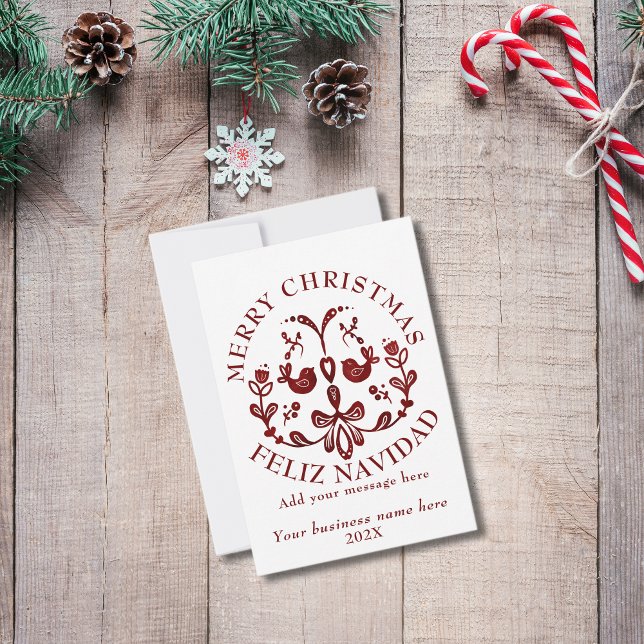 Bilingual Christmas Spanish Burgundy Birds Thank You Card (Small business thank you bilingual Spanish text, custom, logo, company name. Multilingual Project)