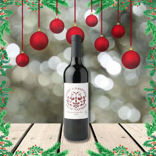 Bilingual Christmas Spanish Burgundy Birds Wine Label