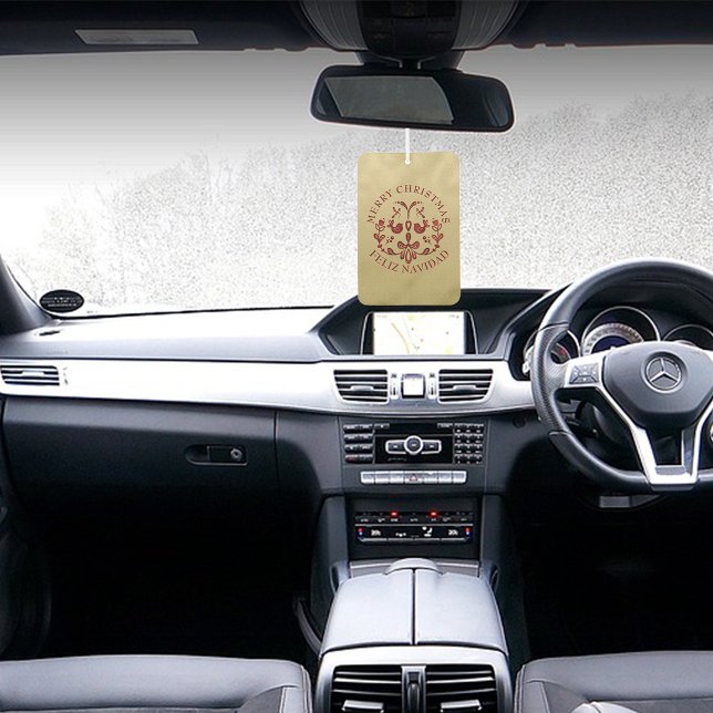 Bilingual Christmas Spanish Gold Burgundy Birds Car Air Freshener (Bungurdy Birds Christmas Bilingual Spanish Air freshener, custom text. Multilingual Project)