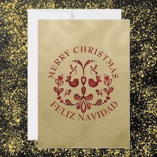 Bilingual Christmas Spanish Gold Burgundy Birds Holiday Card