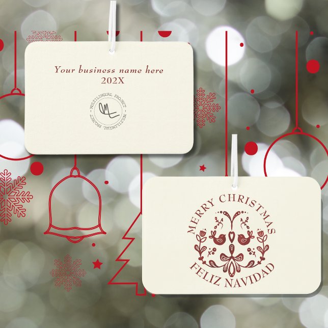 Bilingual Christmas Spanish Text Burgundy Birds Car Air Freshener (Christmas business bilingual air freshener. Custom Spanish. Small business marketing Multilingual )