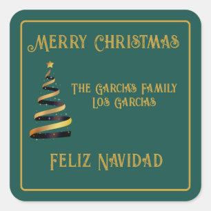 Bilingual Feliz Navidad Christmas Green Golden  Square Sticker