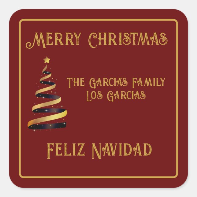 Bilingual Feliz Navidad Christmas Red and Golden  Square Sticker (Front)