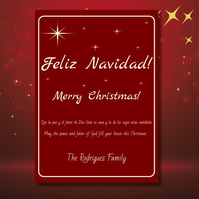 Bilingual Feliz Navidad Gold & Red Merry Christmas Holiday Card (bilingual Spanish Christmas card Gold & red, Cusotm text & last name. Multilingual project)