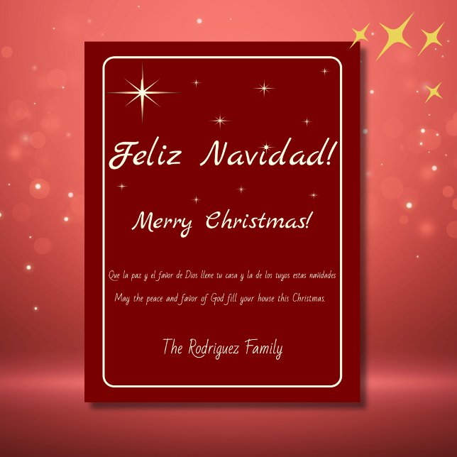 Bilingual Feliz Navidad Gold & Red Merry Christmas Holiday Postcard (bilingual Spanish Christmas postcard red, customizable Spanish text. Multilingual project)