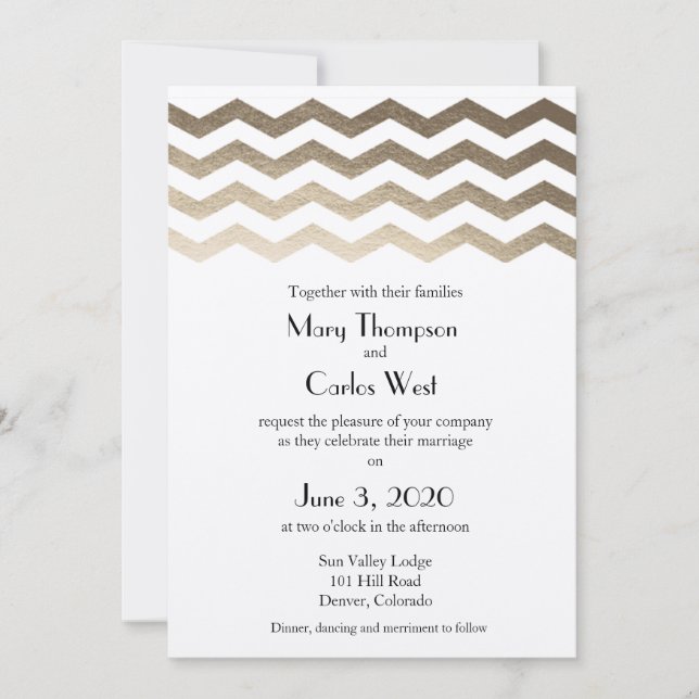 Bilingual Gold Ecru Chevron Wedding Invitation (Front)