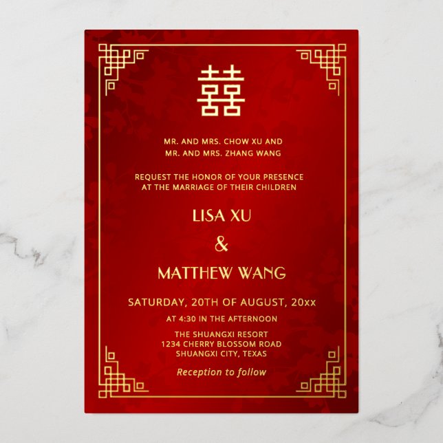  BILINGUAL Gold Frame  Geometric Chinese Wedding (Front)