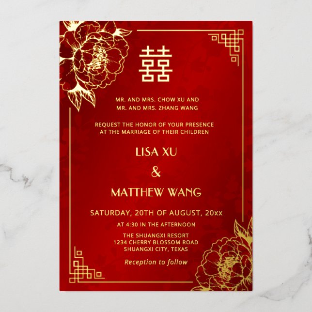  BILINGUAL Gold Frame Peony Chinese Wedding (Front)