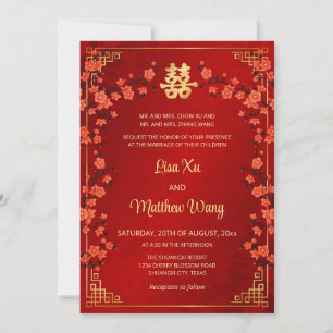 BILINGUAL Gold Frame Red Chinese Wedding Invitation