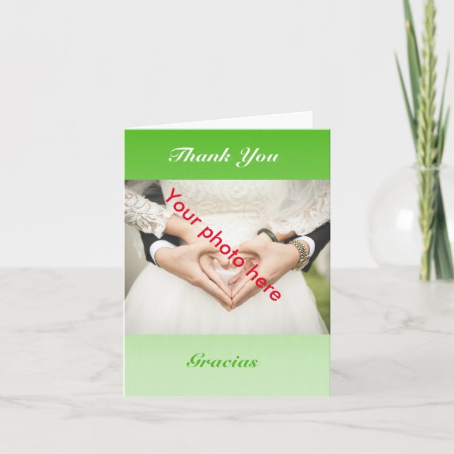 Bilingual Green Ombre Wedding Photo Thank You Card (Front)