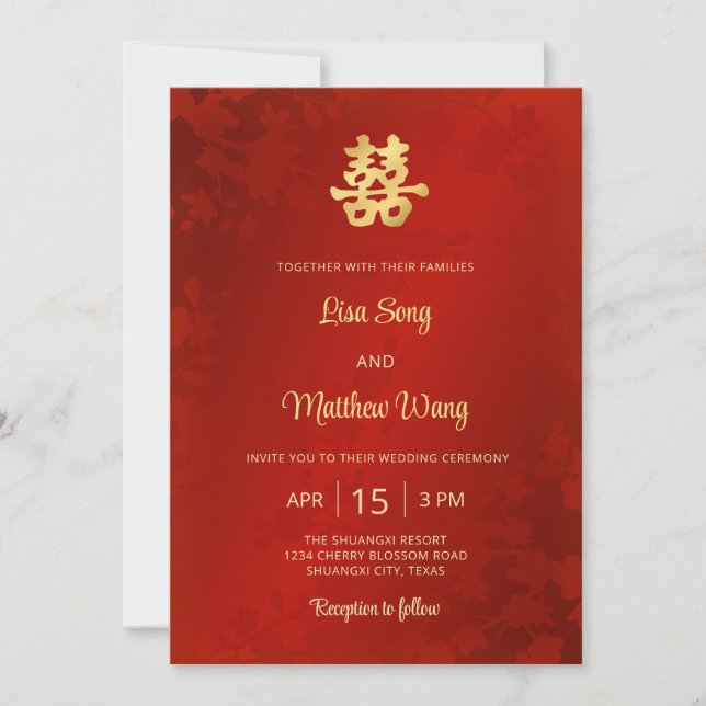 Bilingual | LIGHT Red Gold Chinese Wedding Invitation (Front)