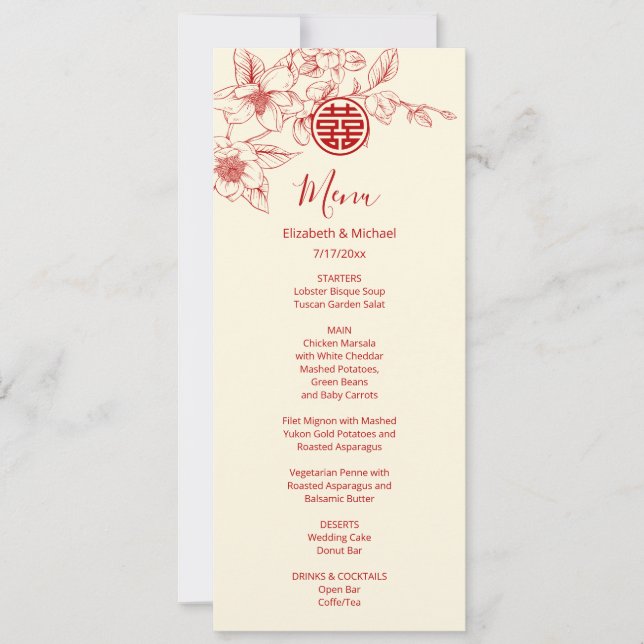 BILINGUAL Magnolia Chinese Wedding Menu Card (Front)