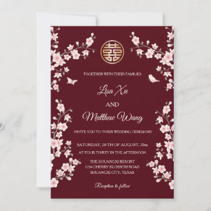 BILINGUAL   Maroon Blush Blossom Chinese Wedding Invitation