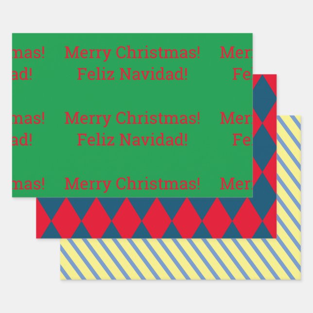 Bilingual "Merry Christmas" Feliz Navidad"  Wrapping Paper Sheet (Set)