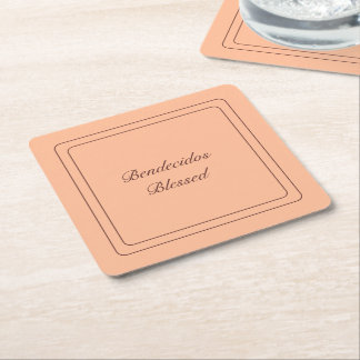 Bilingual Peach Fuzz Spanish Bendecidos Blessed Square Paper Coaster
