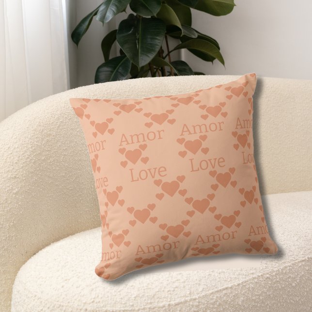 Bilingual Peach Hearts Amor Love Text Cushion (peach heart bilingual pillow. amor-love editable personalized custom text. multilingual project)
