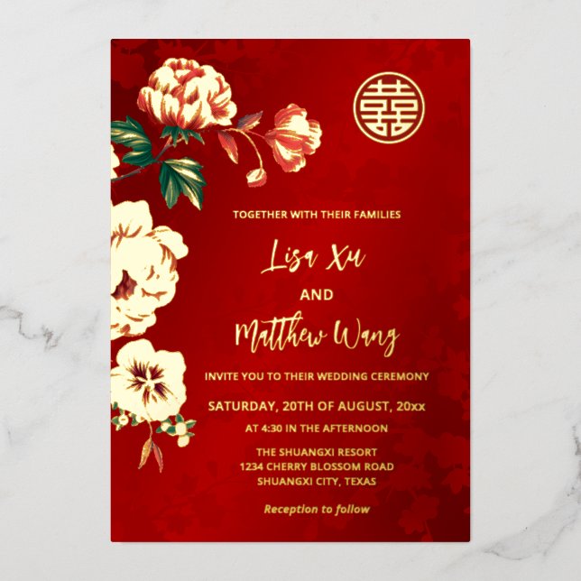 BILINGUAL Peony Flower Gold Chinese Wedding (Front)