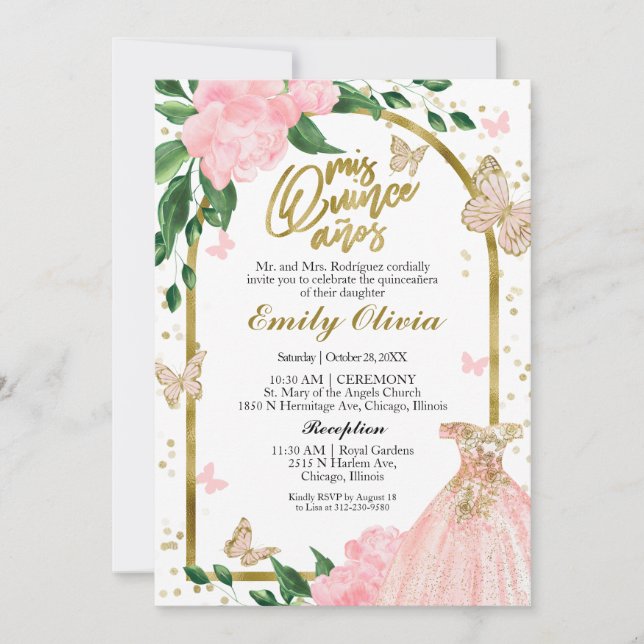 Bilingual Quinceanera Butterfly Pink Blush Gown Invitation (Front)