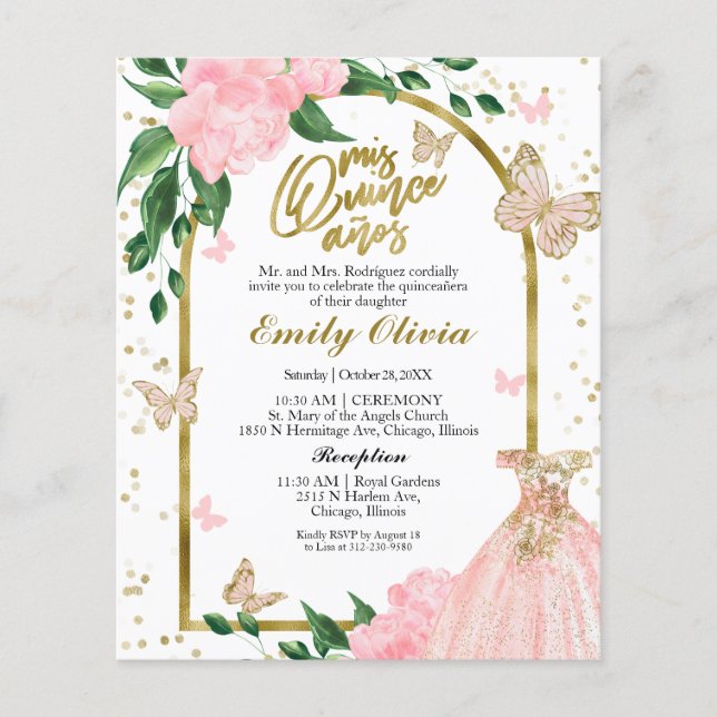 Bilingual Quinceanera Butterflys Budget Invitation (Front)