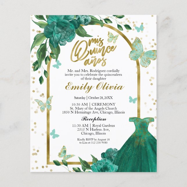 Bilingual Quinceanera Butterflys Budget Invitation (Front)