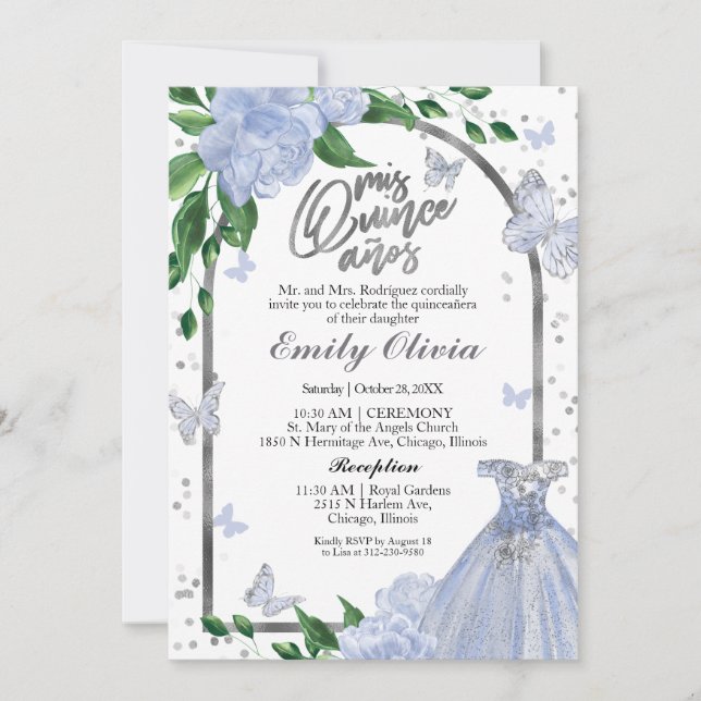 Bilingual Quinceanera Butterflys Dusty Blue Gown Invitation (Front)