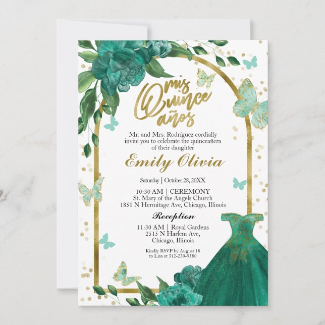 Bilingual Quinceanera Butterflys Emerald Green Invitation (Front)