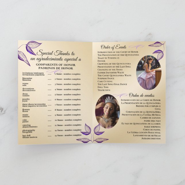 Bilingual Quinceañera Order of Events Program  Programme (Inside)
